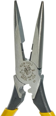 Klein Tools D203-8NCR Long Nose Side-Cutter Strip/Crimp Pliers, Induction Hardened and Heavier For Increased Cutting Power, 8-Inch