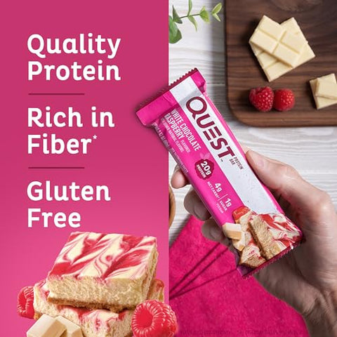 Quest Nutrition White Chocolate Raspberry Protein Bars, 20g Protein, 1g Sugar, 5g Net Carb, Gluten Free, Keto Friendly, 12 Count