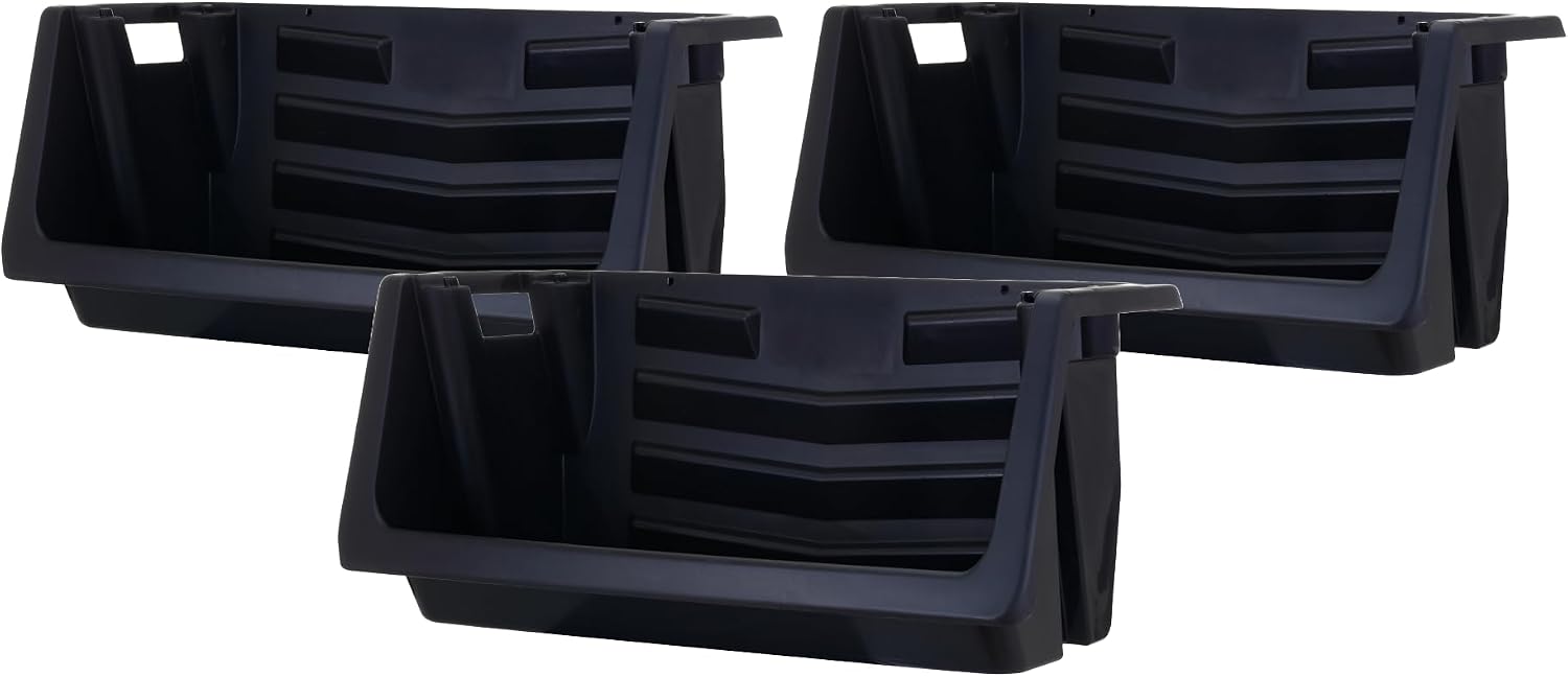 Mighty Tuff Heavy Duty Nesting Stack Bins, Pack of 3, Extra-Large Handles, Wide Front Opening, Interlocking, Stack Vertically, Holds Up to 100 Pounds, Black