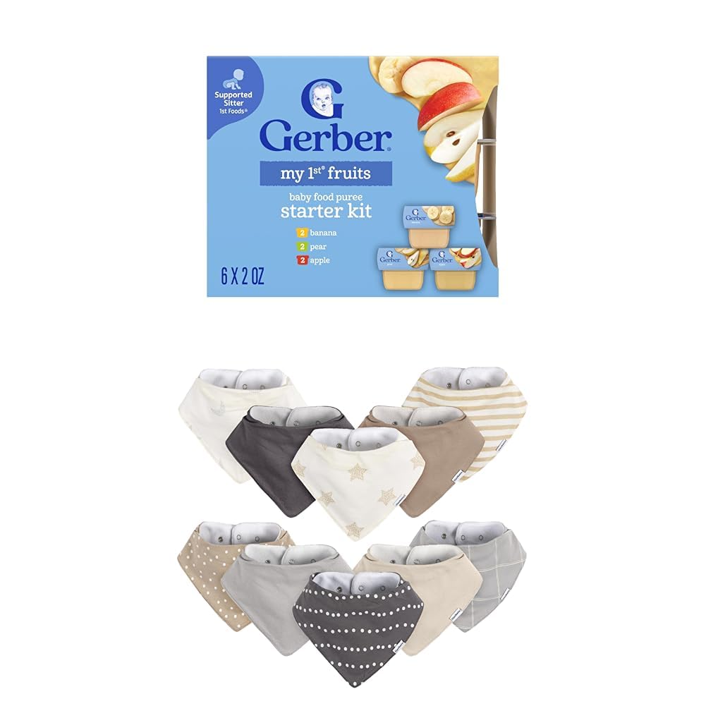 Gerber My 1st Fruits Starter Kit, Banana, Pear & Apple Puree, 2 Ounce Tubs, 2-Pack (Set of 6) with Gerber Bib Set, Pink