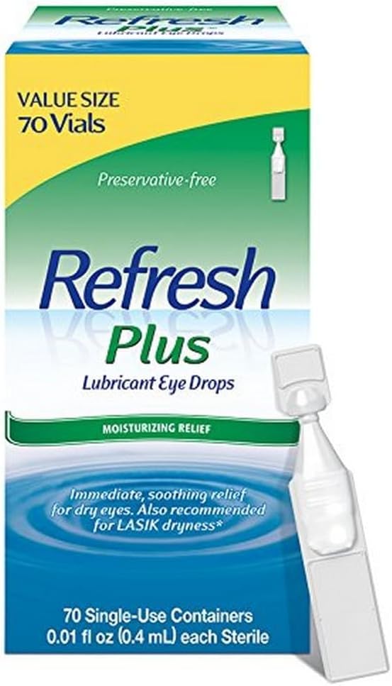 REFRESH PLUS Lubricant Eye Drops Preservative-Free Artificial Tears, 0.01 fl oz (0.4 mL), 70 Single-Use Containers