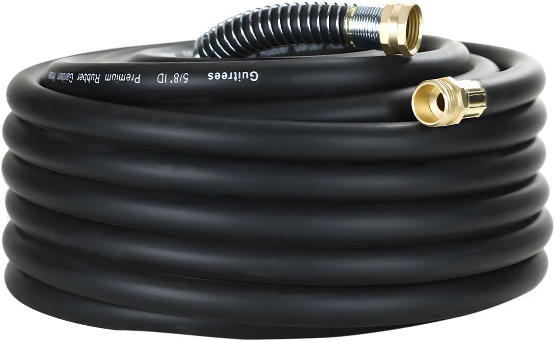 Guitrees 50FT 5/8 Heavy Duty Rubber Garden Hose - 300psi Working, 1000psi Burst - Hot/Cold Water - Five-Layered Braiding for Durability - Versatile for Gardening, Agriculture, Construction(Black)