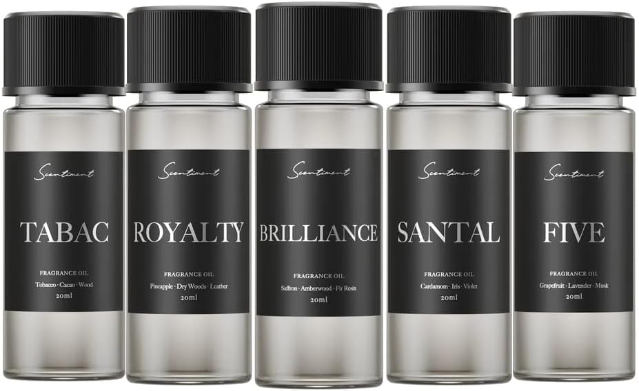 Scentiment Designer Diffuser Oils – Santal (Sandalwood), Tabac (Tobacco & Cacao), Brilliance (Saffron & Amber), Royalty (Pineapple & Leather), Five (Citrus & Musk) – 5 Pack, 0.68 fl oz (20 mL)