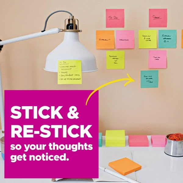 Post-it Super Sticky Notes, 3x3 in, 24 Pads, 2x the Sticking Power,Energy Boost Collection, Bright Colors (Orange, Pink, Blue, Green), Recyclable