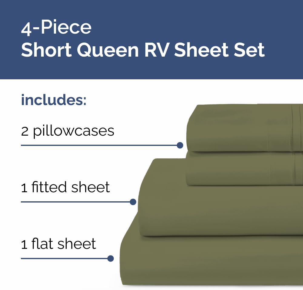 Short Queen Size 4 Piece Bed Sheet Set - RV Short Queen Sheets - Sage Green