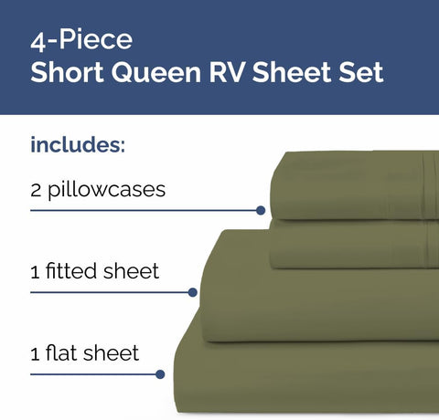 Short Queen Size 4 Piece Bed Sheet Set - RV Short Queen Sheets - Sage Green