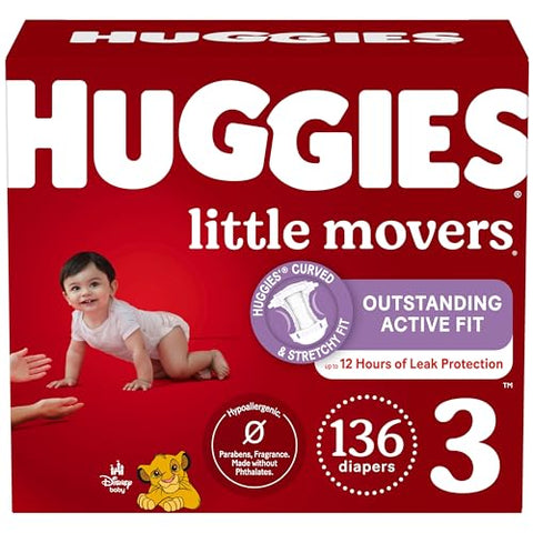 Huggies Size 3 Diapers, Little Movers Baby Diapers, Size 3 (16-28 lbs), 136 Count