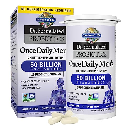 Garden of Life Probiotics for Men Dr Formulated 50 Billion CFU 15 Probiotics + Organic Prebiotic Fiber for Digestive, Colon & Immune support, Daily Gas Relief, Dairy Free, Shelf Stable, 30 Capsules