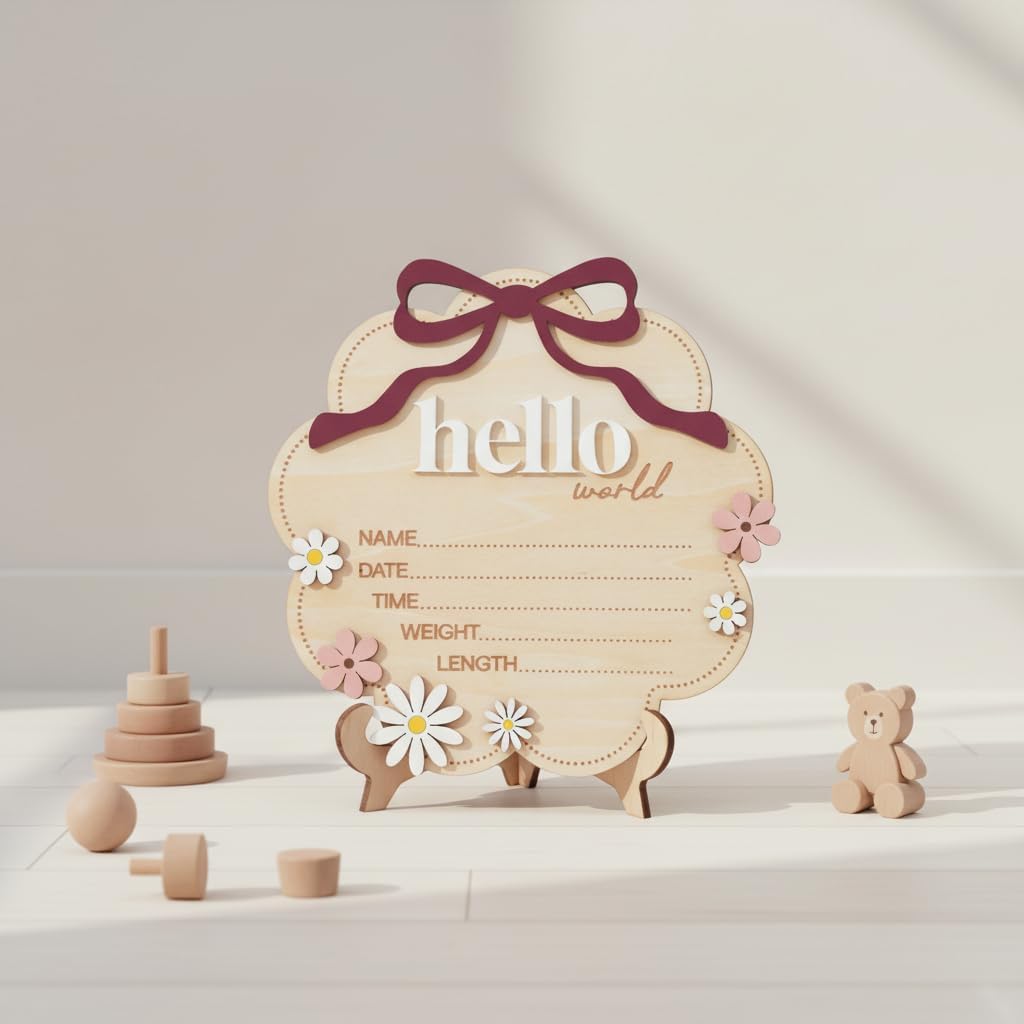 Hello World Wooden Baby Birth Announcement Sign with Pink Bow, Cloud Shape Floral Newborn Name Date Time Weight Length Board, Baby Girl Nursery Photo Prop (Berry)