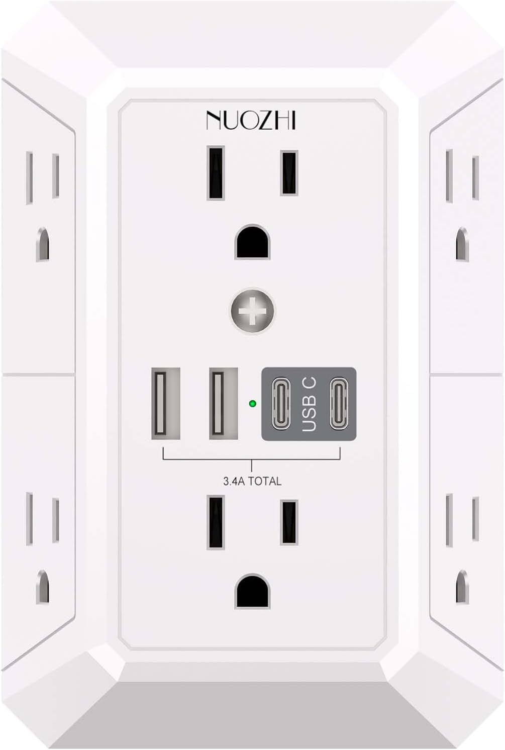 Outlet Extender Surge Protector - NUOZHI 6 Outlet Splitter with 4 USB Ports(2 USB-C), Multi Plug Wall Outlet 1680J Power Strip for Home Office Dorm Room Essentials, ETL, White