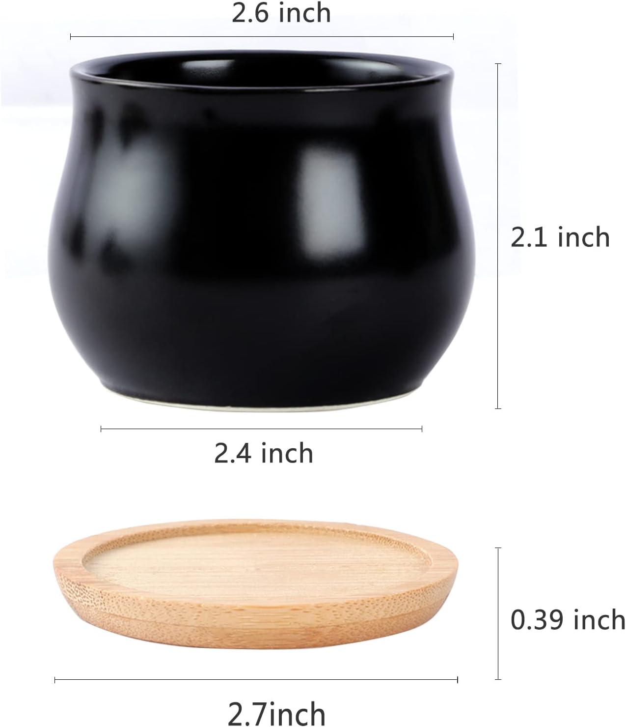 SHECIPIN 8 Pack Succulent Plant Pot, Matte Black Mini 2.6 inch Ceramic Flower Planter Pot with Bamboo Tray, Small Pots for Plants, Plants Not Included