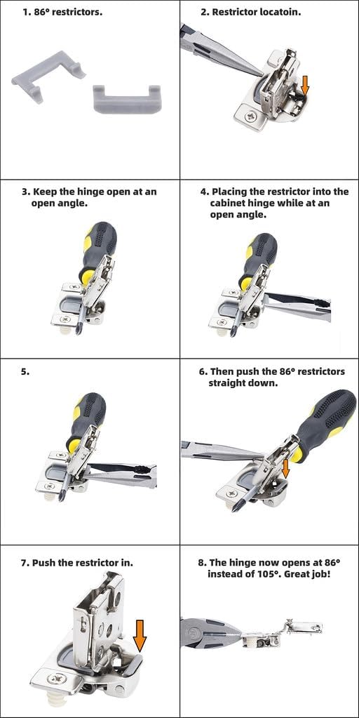 Cabinet Restrictor Clips (10 Pack)- 86° Degree Angle Cabinet Door Hinge Restrictor Clip for Soft Close Hinge(Decobasics ONLY)-90° Opening Kitchen Soft Close Cabinet Hinges Restriction Clip Restraints