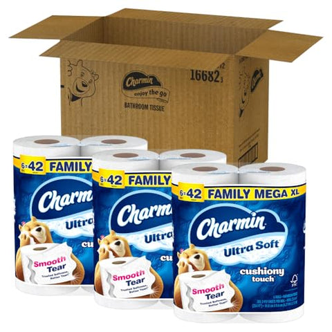 Charmin Toilet Paper Ultra Soft Cushiony Touch, 18 Family Mega XL Rolls = 126 Regular Rolls