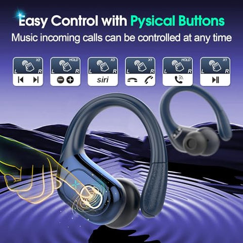 Aptkdoe Wireless Earbuds 75hrs Bluetooth 5.3 Headphone Sport, 2025 Bluetooth Earbuds Stereo Deep Bass Over Ear Bud with Earhooks, ENC Noise Cancelling Mic, IPX7 Waterproof Earphone, Royal Blue