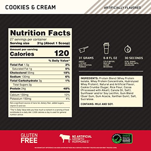 Optimum Nutrition Gold Standard 100% Whey Protein Powder, Cookies & Cream, 1.85 Pound (Package May Vary)