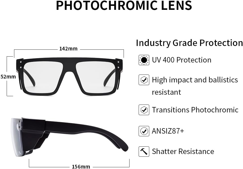 UV400 Transition Photochromic Safety Glases Light to Dark Grey Lens ANSI Z87 Impact Approved