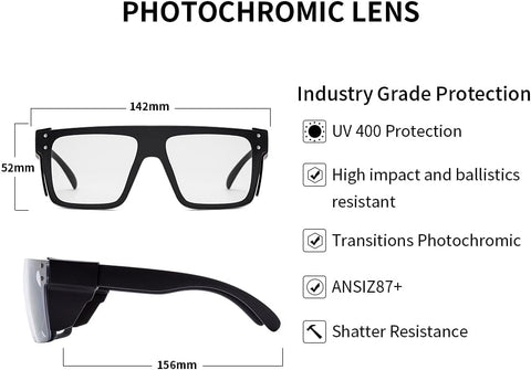 UV400 Transition Photochromic Safety Glases Light to Dark Grey Lens ANSI Z87 Impact Approved