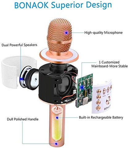 BONAOK Wireless Bluetooth Karaoke Microphone,3-in-1 Portable Handheld Karaoke Mic Speaker Machine Home Party Birthday for All Smartphones PC(Q37 Rose Gold)