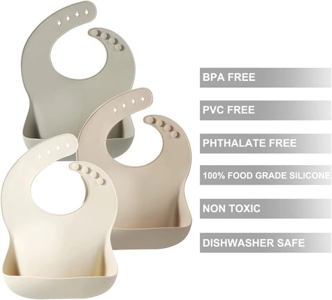 PandaEar Set of 3 Silicone Baby Bibs, Waterproof Soft Adjustable Bibs for Babies Toddlers 10-72 Months