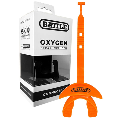 Battle Oxygen Lip Protector Mouth Guard with Connected Strap, Football and Sports Gear, Maximum Oxygen Supply, Mouthpiece Fits With or Without Braces - One Size, Light Red