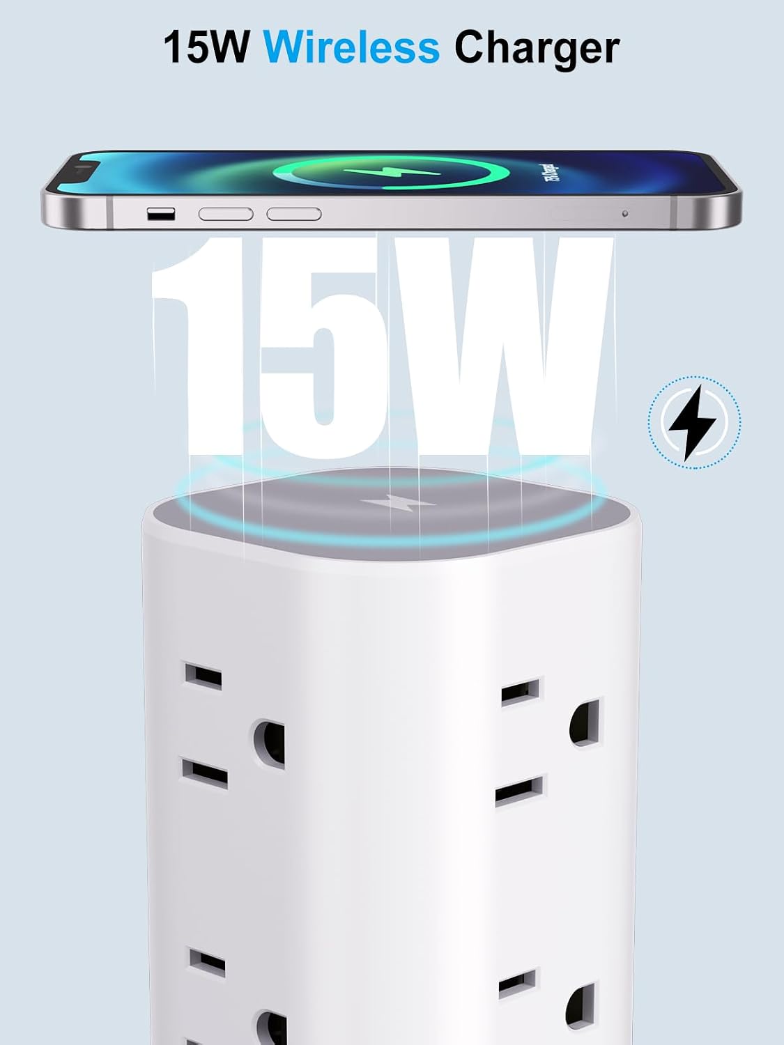 6FT Power Strip Tower with Wireless Charger,Surge Protector with 12 Outlets