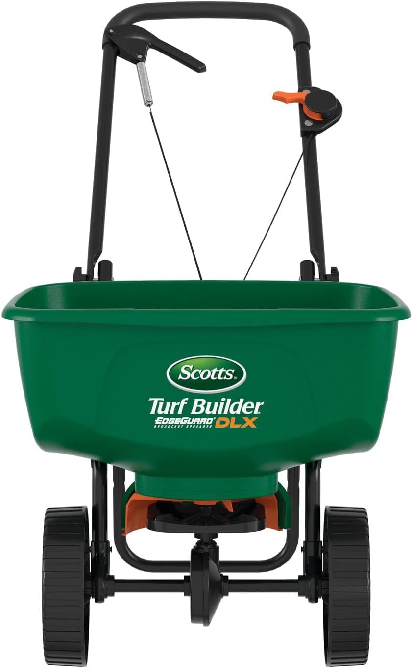 Scotts Turf Builder EdgeGuard DLX Broadcast Spreader for Seed, Fertilizer, Salt, Ice Melt, Holds up to 15,000 sq.ft. Product, Green