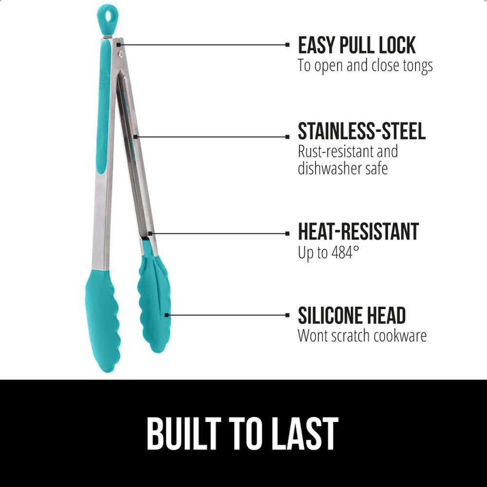 GORILLA GRIP Stainless Steel Kitchen Tongs for Cooking, 2 PK, Turquoise