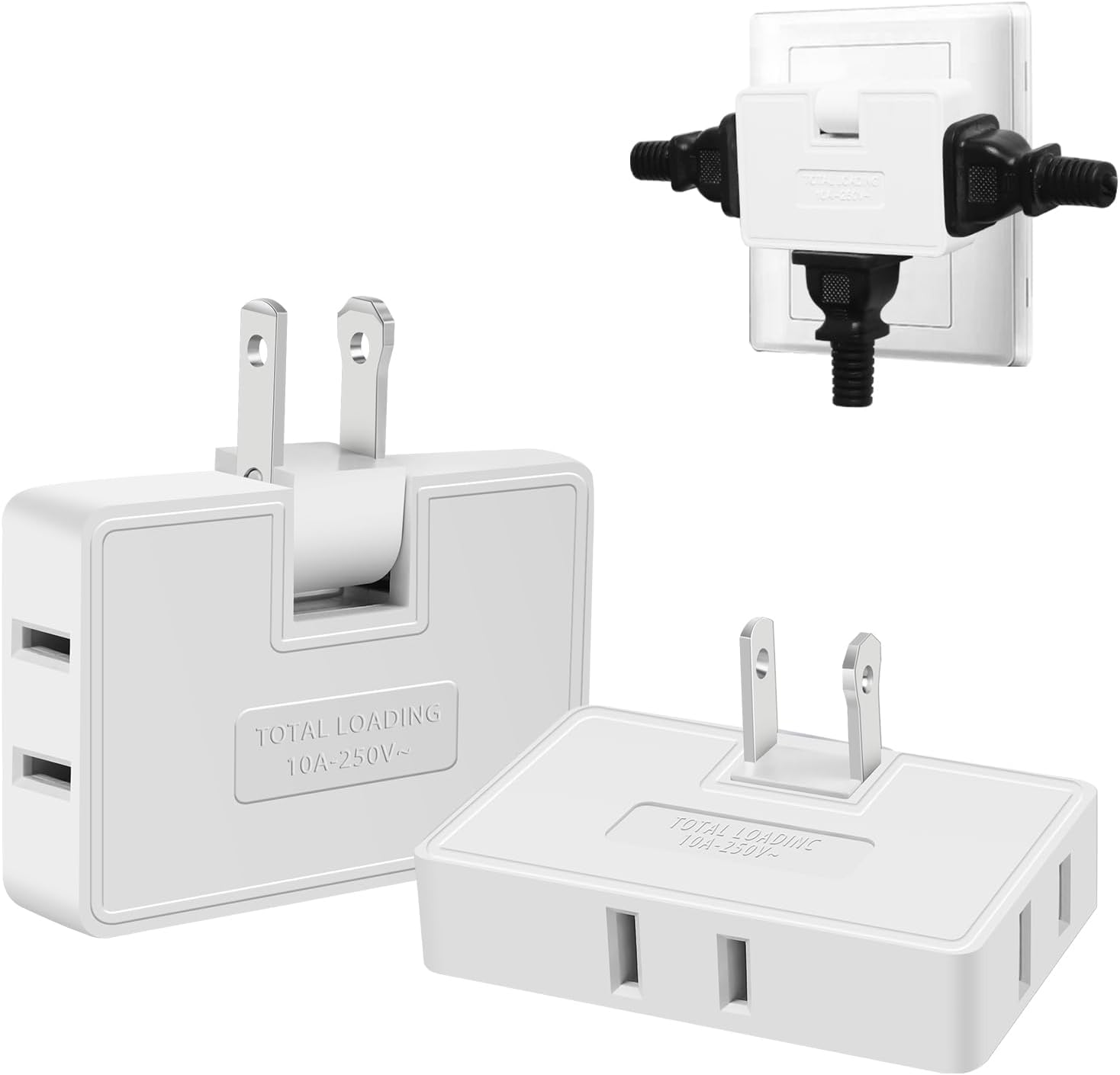 2 Pack 3 Way Flat Wall Outlet Extender Adapter- 180 Degrees Rotatable Flat Plug AC Adapter, 2 Prong Foldable Swivel Outlet Extender, Outlet Splitter for Behind Furniture (White, Type A)