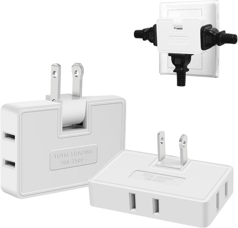 2 Pack 3 Way Flat Wall Outlet Extender Adapter- 180 Degrees Rotatable Flat Plug AC Adapter, 2 Prong Foldable Swivel Outlet Extender, Outlet Splitter for Behind Furniture (White, Type A)