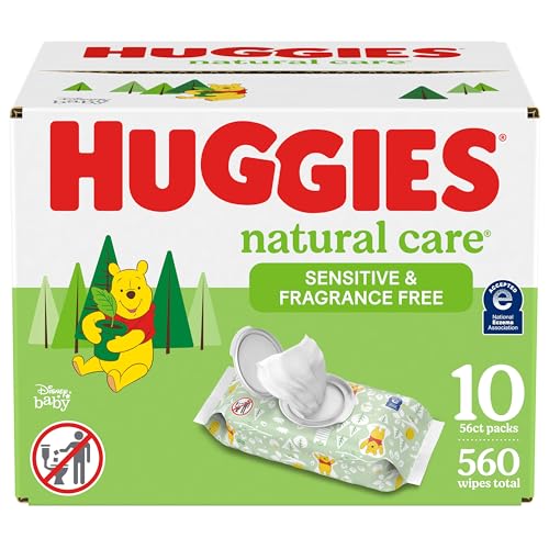 Huggies Natural Care Sensitive Baby Wipes, Unscented, Hypoallergenic, 99% Purified Water, 10 Flip-Top Packs (560 Wipes Total)