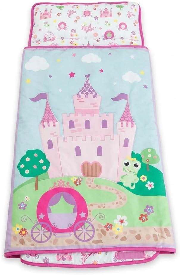 EVERYDAY KIDS Toddler Nap Mat with Removable Pillow -Princess Storyland- Carry Handle with Fastening Straps Closure, Rollup Design, Soft Microfiber for Preschool, Daycare, Sleeping Bag -Ages 2-6 years