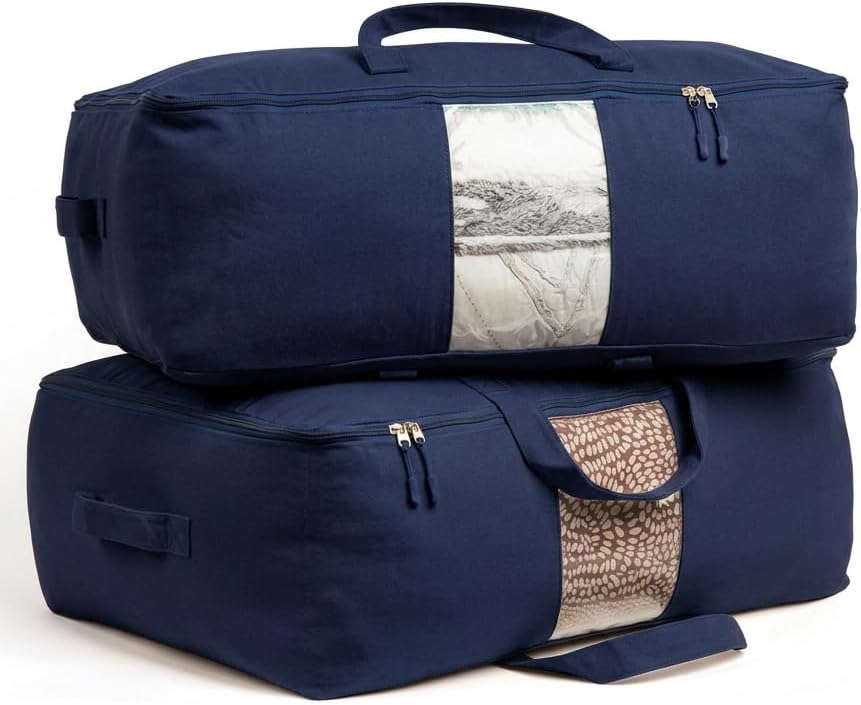 Soft Canvas Storage Bags with Zipper. Thick Breathable, 2pc King/Queen Comforter Organizer. Four Carrying Handles and Window. Large 25x19x9in Bag for Sheets Blankets Bedding Pillows, Clothes (Blue)