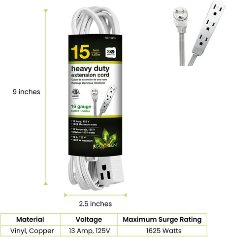 Go Green Power Inc. 15ft Extension Cord with 3 Outlets, White - Compact, Flush-Fit Design, Heavy Duty, Grounded Plug - Ideal for Home & Small Appliances - GG-19615