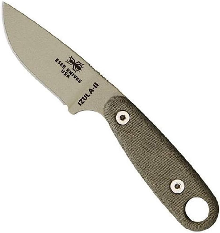 ESEE Knives Izula-II Fixed Blade Knife, Micarta Handle, Molded Sheath, Clip Plate (OD Green)