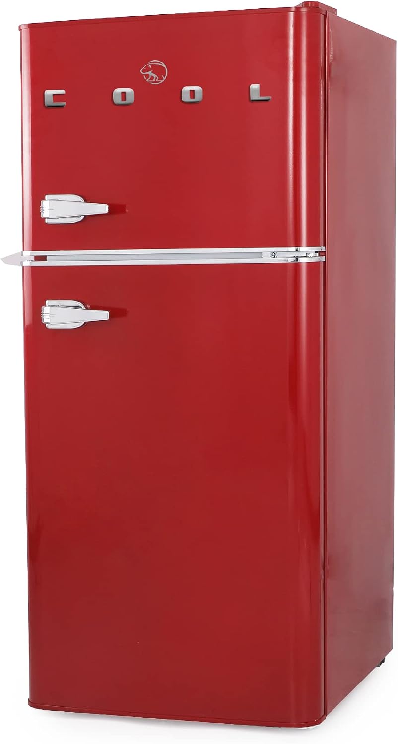 Commercial Cool 4.5 Cu. Ft. Refrigerator with Freezer, Vintage Style, Retro Fridge with 2 Slide-Out Glass Shelves, 6-Can Dispenser, Interior Light, R600a Refrigerant, CCRRD45HR, Red