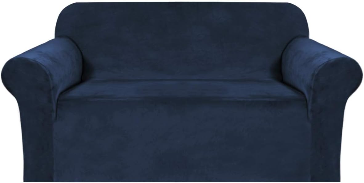 H.VERSAILTEX Stretch Velvet Loveseat Covers for 2 Cushion Couch Covers for Living Room Sofa Covers Slipcovers with Non Slip Straps Bottom, Ultra Thick Comfy Velour (Width 58"-72", Navy)