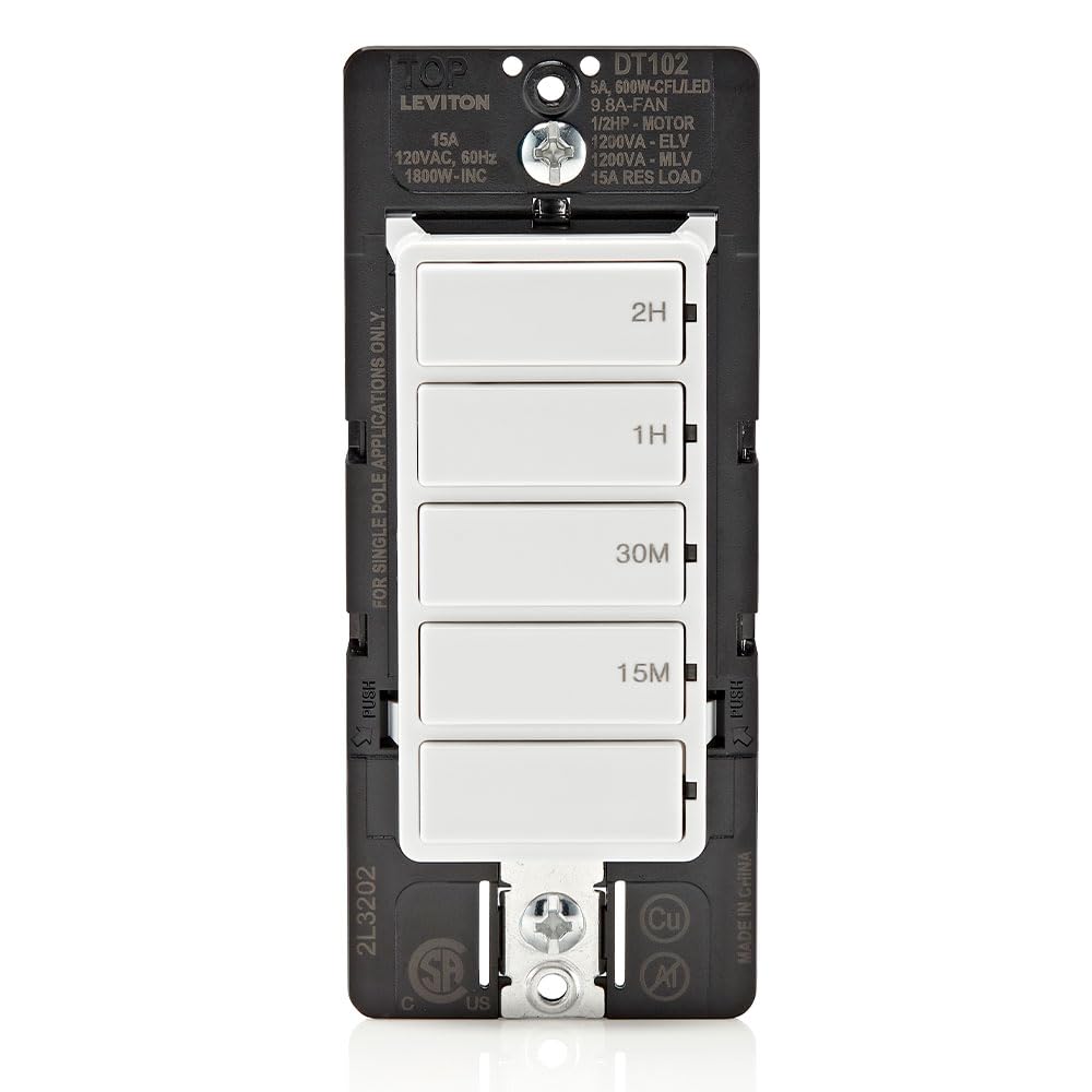 Leviton Countdown Timer Switch for household lights and exhaust fans, 15-30 min, 1-2 hour, No Neutral Wire Required, Single Pole, 15A, 1/2HP/9.8A Fan/Motor, DT102-1LW, White