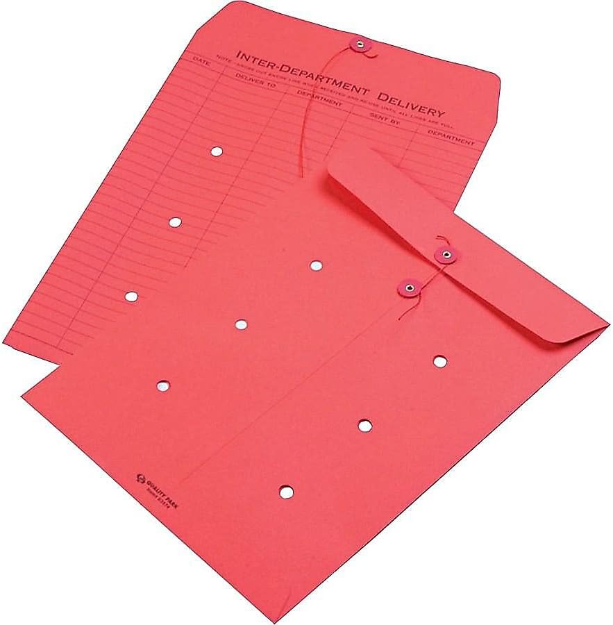 Quality Park Interdepartment String & Button Closure Envelopes, 10" x 13", 1-Sided Narrow Rule, Red, Box of 100 (QUA63574)