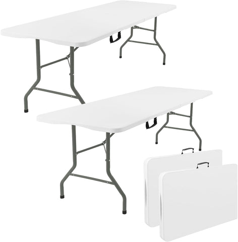2 Pack 5 Feet Portable Folding Table White, Steel Legs Fold-in-Half with Carrying Handle Rectangular Plastic Foldable Table for Party, Wedding, Camping, Picnic, Dining, Indoor Outdoor Events (White)