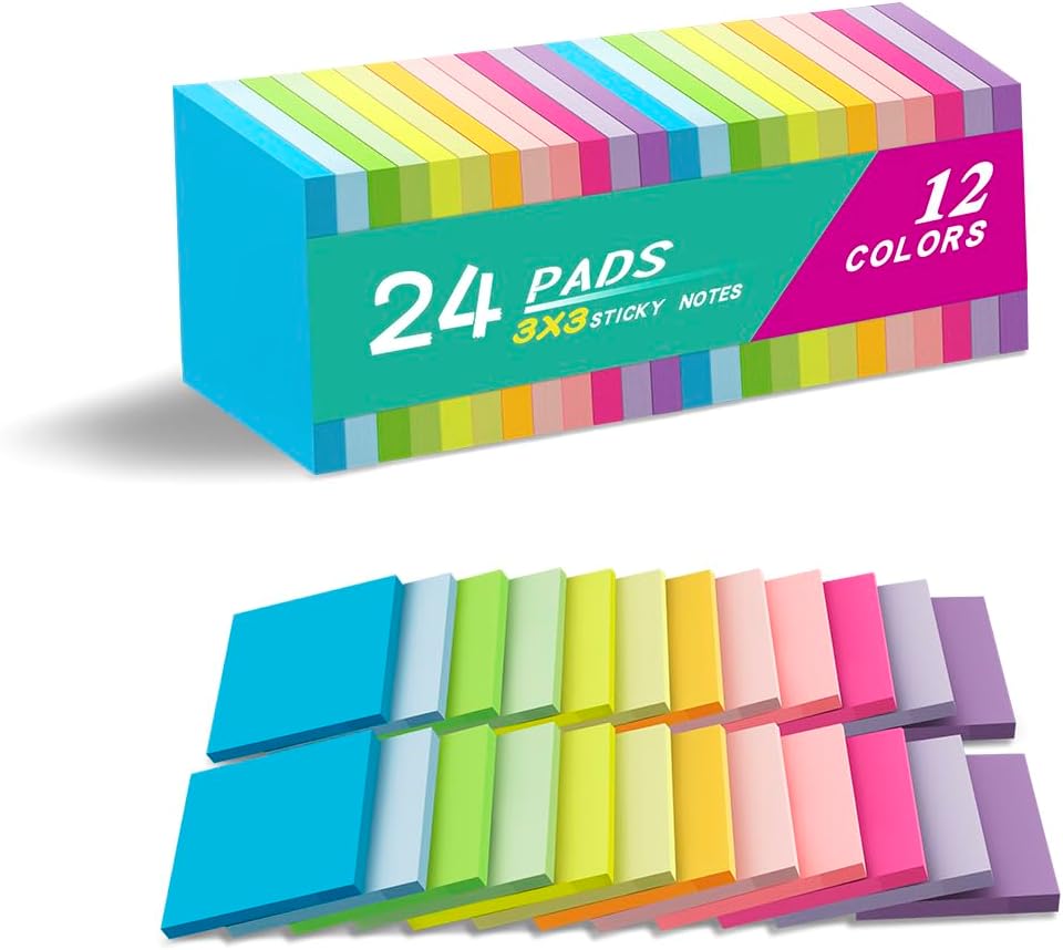 (24 Pads) Sticky Notes 3x3 Inches,Bright Colors Self-Stick Pads