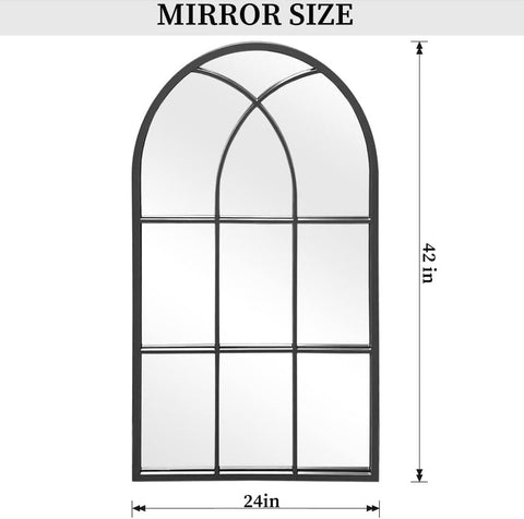 Dewfig Arched Window Wall Mirror, 42"x24" Windowpane Mirror, Black