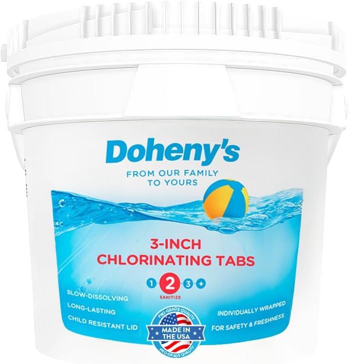 Doheny’s 3-Inch Stabilized Chlorine Tablets for Sanitizing Swimming Pools | 99% Pure Tri-Chlor, 90% Available Chlorine | Long-Lasting, UV-Protected, Slow-Dissolving | Individually Wrapped 25lb Bucket