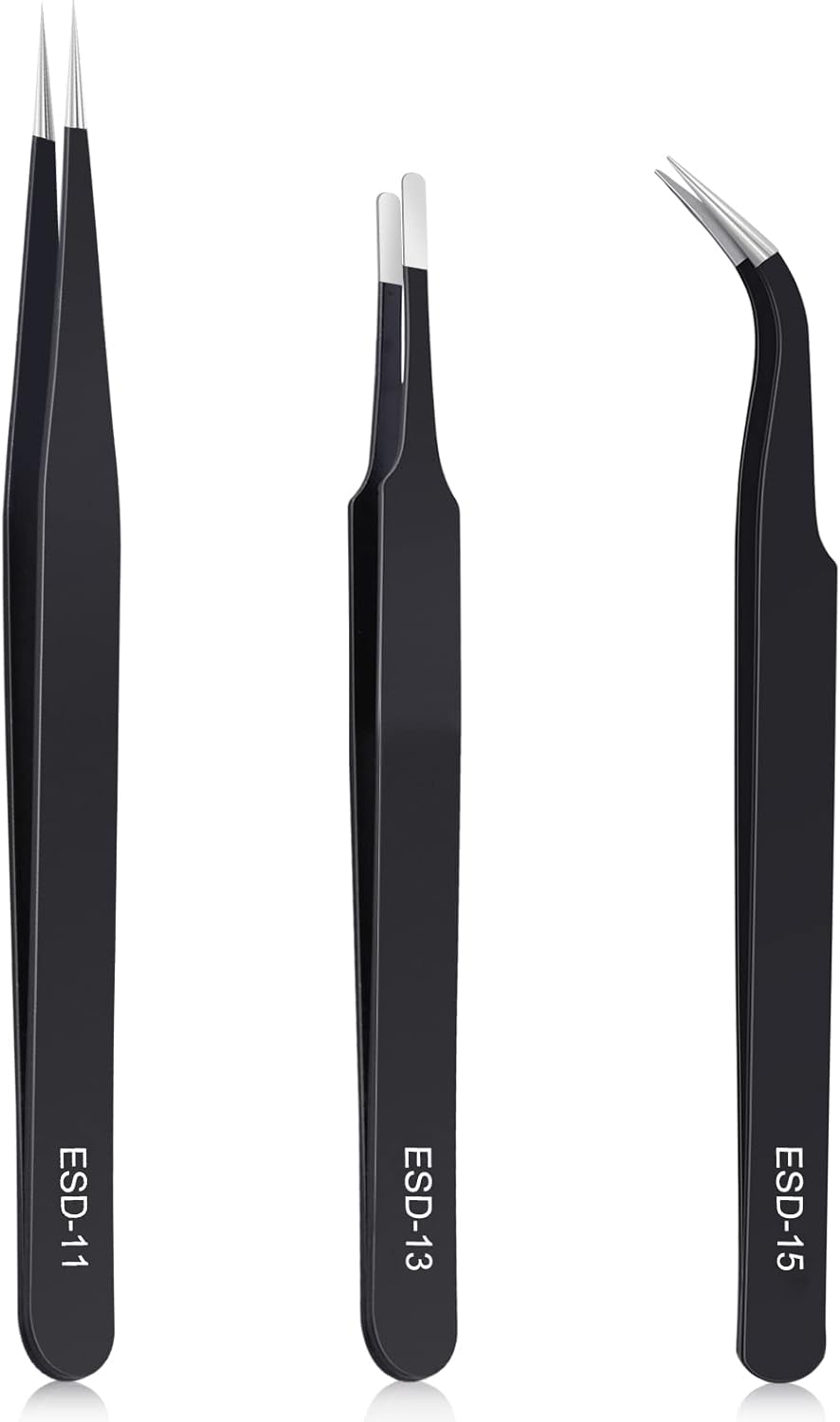 kaverme 3PCS Precision Tweezers Set, Upgraded Anti-Static Stainless Steel