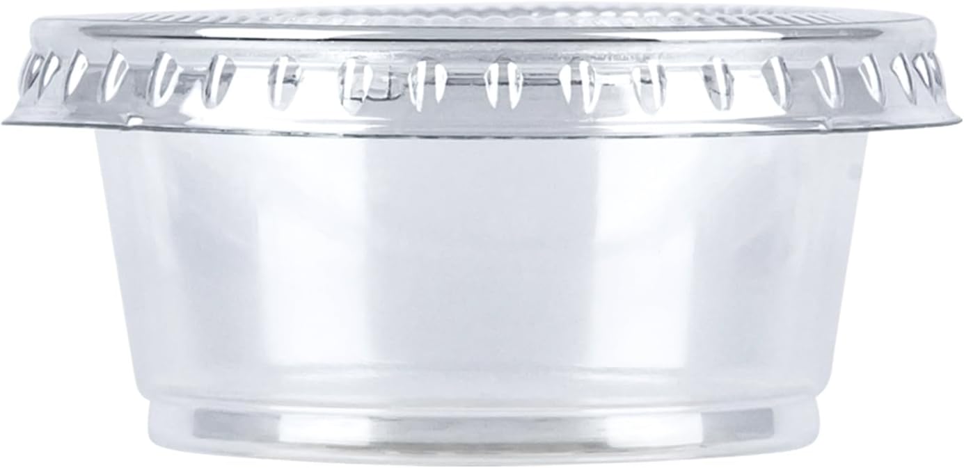 Amazon Basics Disposable Plastic To-Go Cups and Lids, Mini, 2oz, 50 Count, BPA Free, for Condiment, Salad Dressing, Sauces, Jello Shots