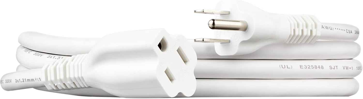 Amazon Basics Extension Cord, 3 Prong Outlet Extender, Indoor, 13 Amps, 125V, 6 Ft, White