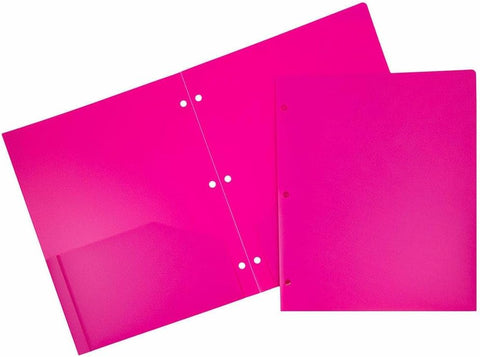 JAM PAPER Heavy Duty Plastic 3 Hole Punch Pocket Folders - Extra Tough School Folders - Fuchsia Hot Pink - 12/Pack