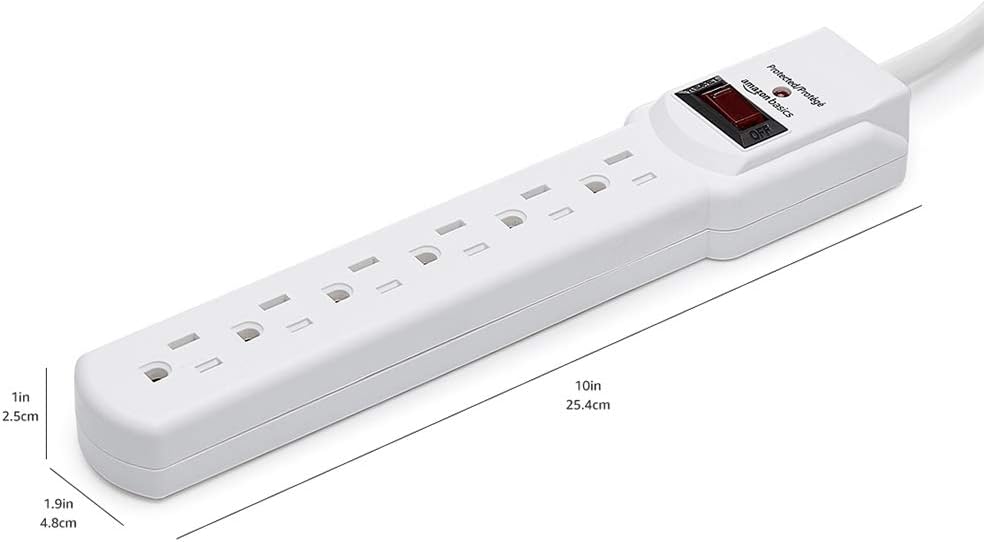 Amazon Basics Surge Protector Power Strip, 6-Outlet with 200J Protection, Circuit Breaker, LED Indicator, On/Off Switch, Wall-Mounting, 2ft Extension Cord, White, 2-Pack