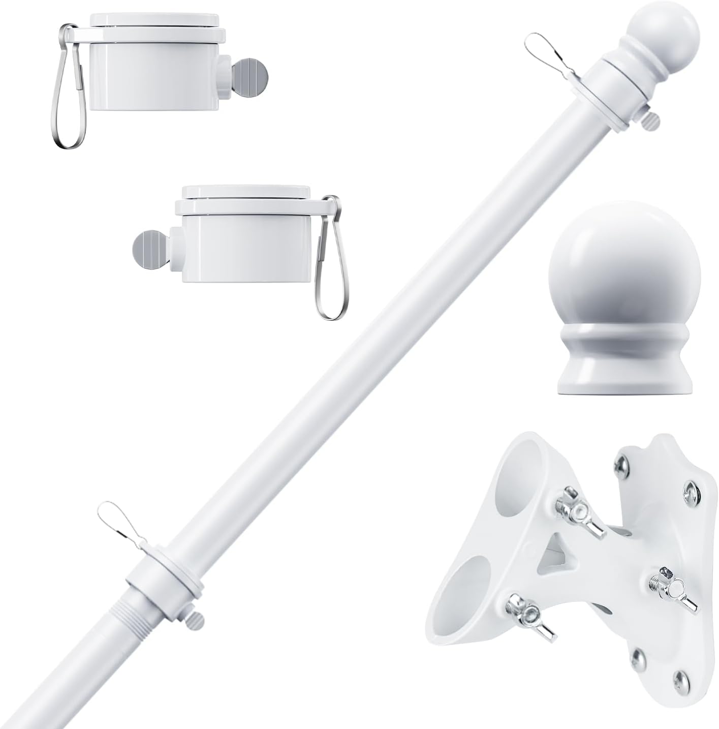 PHITRIC Flag Pole Kit, Tangle Free Spinning Stainless Steel Rustproof Flagpole for 3x5 Sports Fan Outdoor Flags for Outside House (White, 5FT, with Bracket)