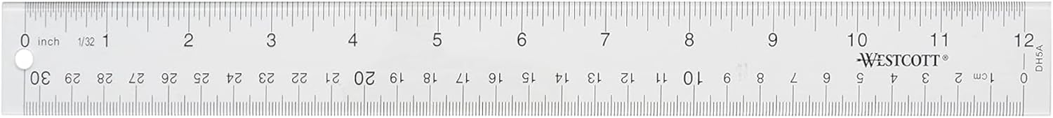 Westcott Acrylic Clear Ruler, Easy-to-Read Markings, Scratch-Resistant Design, Raised Beveled Edges, for Crafting, Office, Classroom, Back to School Supplies, 12-Inch