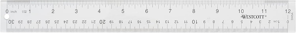Westcott Acrylic Clear Ruler, Easy-to-Read Markings, Scratch-Resistant Design, Raised Beveled Edges, for Crafting, Office, Classroom, Back to School Supplies, 12-Inch
